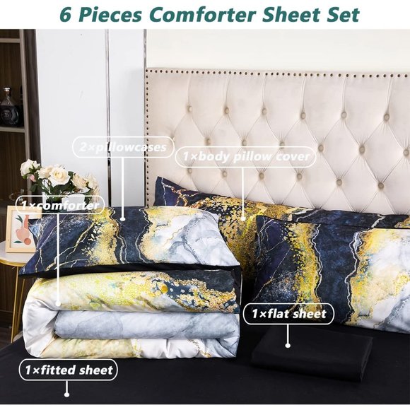 New  6 Pcs Bed-in-A-Bag Blue Watercolor Marble Printed  Comforter Set with Match - Picture 6 of 9
